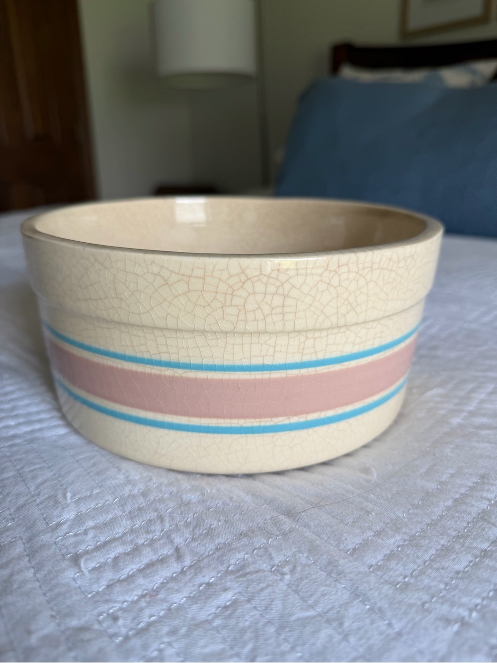 USA made Mccoy Cream Pottery Bowl with Pink and Blue Stripe -Farmhouse Vibe